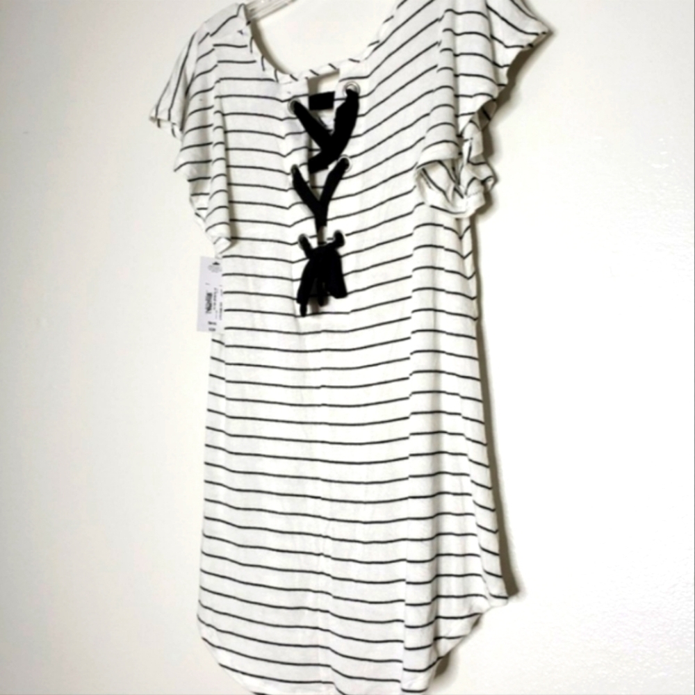 A.N.A. Ivory Cream Black Striped Lace Ties Back Top Tunic Comfy Blouse Summer